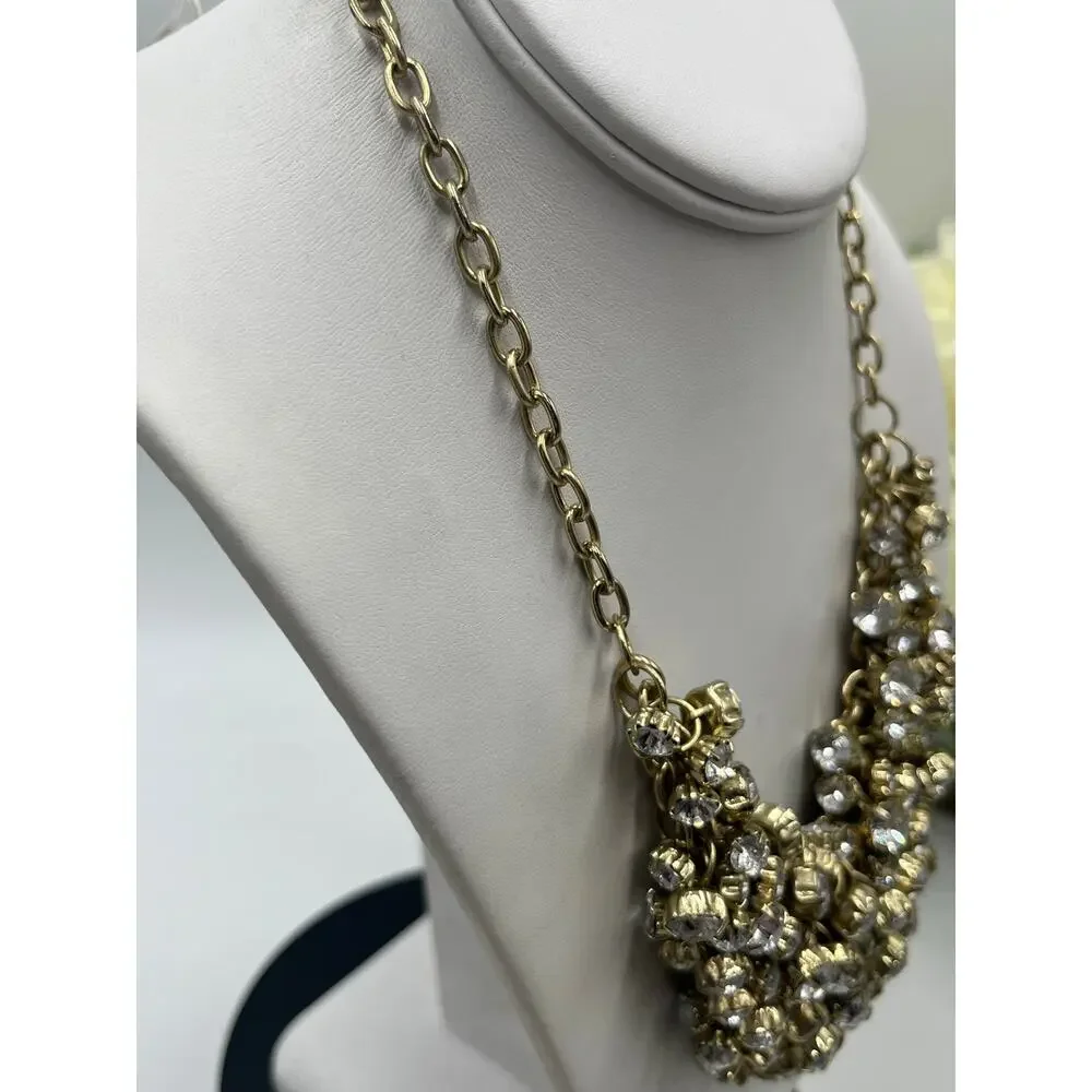 J. Crew Antique Gold Tone Prong Set Rhinestone‎ Cluster Bib Statement Necklace